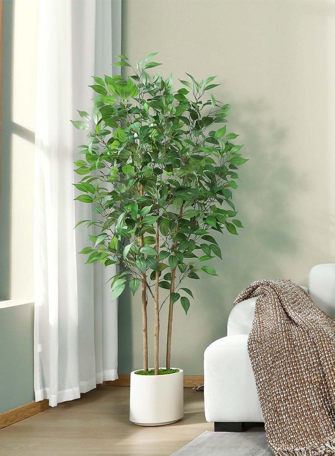 Zvezvia Ficus Artificial Tree 180CM Tall Fake Ficus Tree for Home Decor Indoor Faux Silk Ficus Plant Fake Floor Plant in White Imitation Ceramic Planter with Green Fake Moss, Set of 1 - Image 5